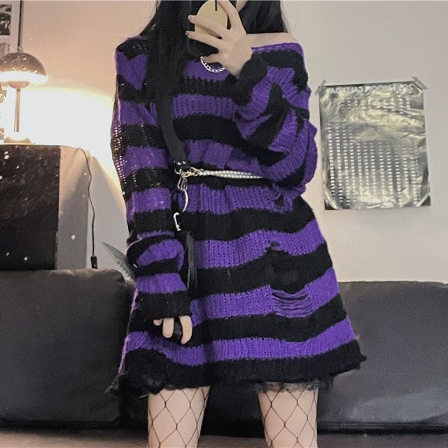 Off-Shoulder Striped Distressed Sweater 