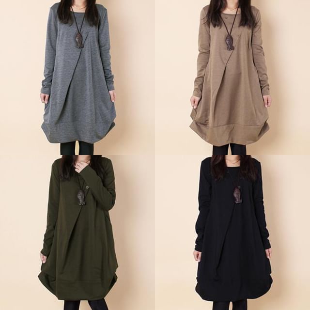 Supernova-Long-Sleeve Crew Neck Plain Ruched Tunic Dress