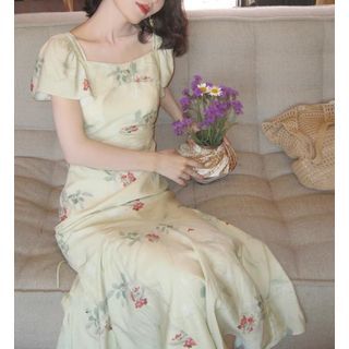 closetaine Short Sleeve Square Neck Floral Maxi Mermaid Dress