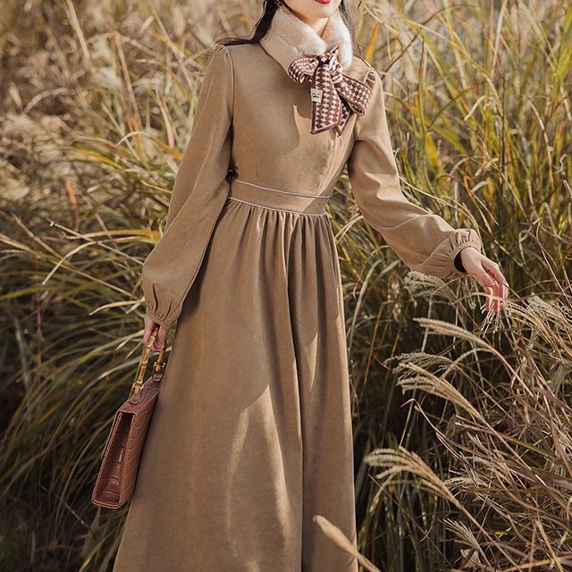 French Village - Puff-Sleeve Fluffy Collar Midi A-Line Dress | YesStyle