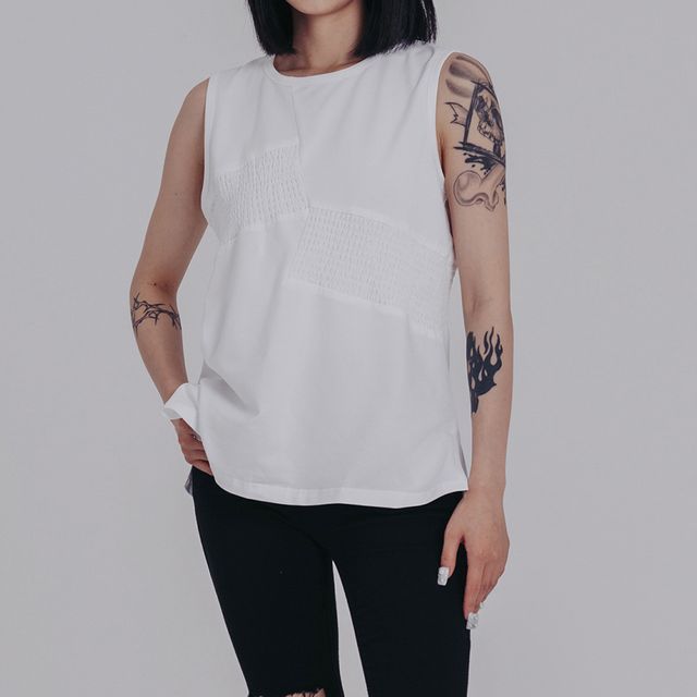 SIMPLE BLACK-Smocked Asymmetrical Tank Top