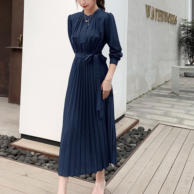 Lewwe-Long-Sleeve Plain Midi Pleated Dress