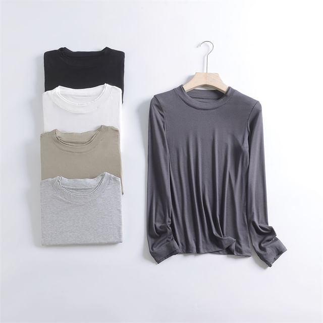KUMI-Long-Sleeve Round Neck Plain Tee