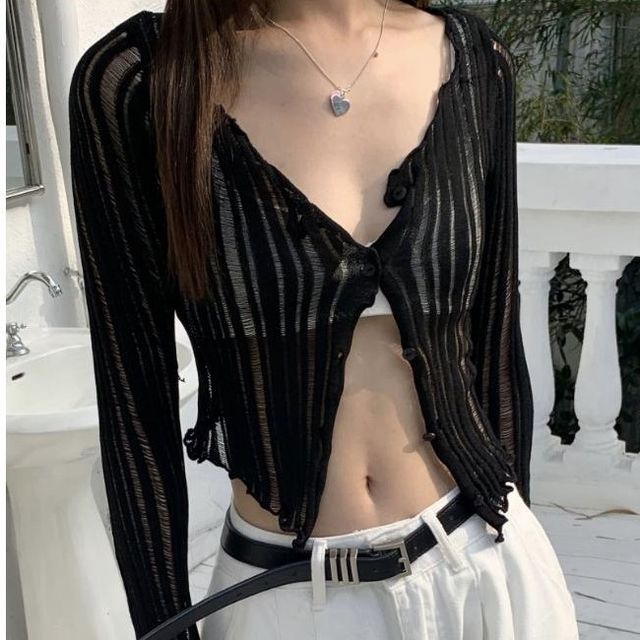 monroll-Striped Crop Light Cardigan