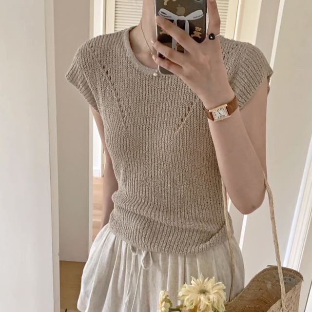 Bigfol-Cap-Sleeve Round Neck Plain Pointelle Knit Top