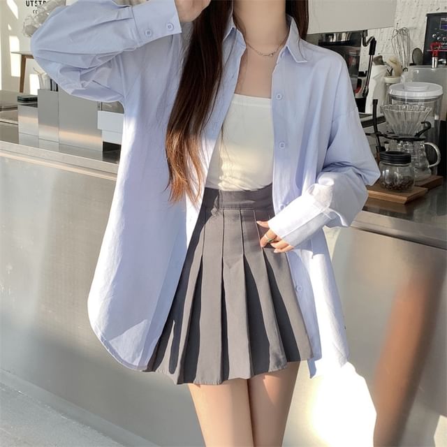 Sienne-Long-Sleeve Button-Up Plain Shirt