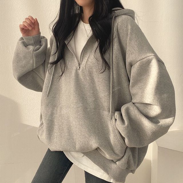 Meatacci-Plain Half Zip Hoodie