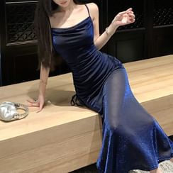 Sleeveless Square Neck Frill Slit Jacquard Maxi A-Line Dress