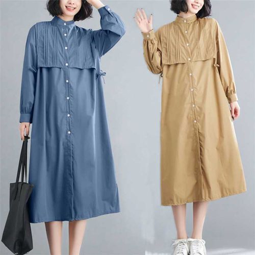 Pintuck-Pleated Long-Sleeve Shirt Dress in Dresses & Skirts