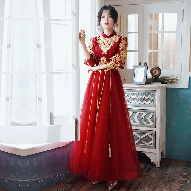 MSSBridal - 3/4-Sleeve Mandarin Collar Embroidered Tassel Lace Panel Mesh  A-Line Chinese Wedding Gown | YesStyle