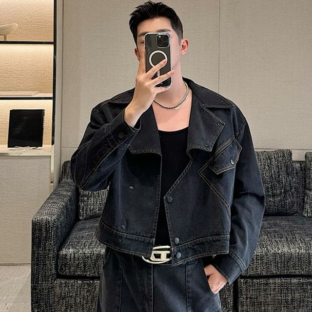 Freehop-Collar Asymmetrical Washed Denim Button Jacket