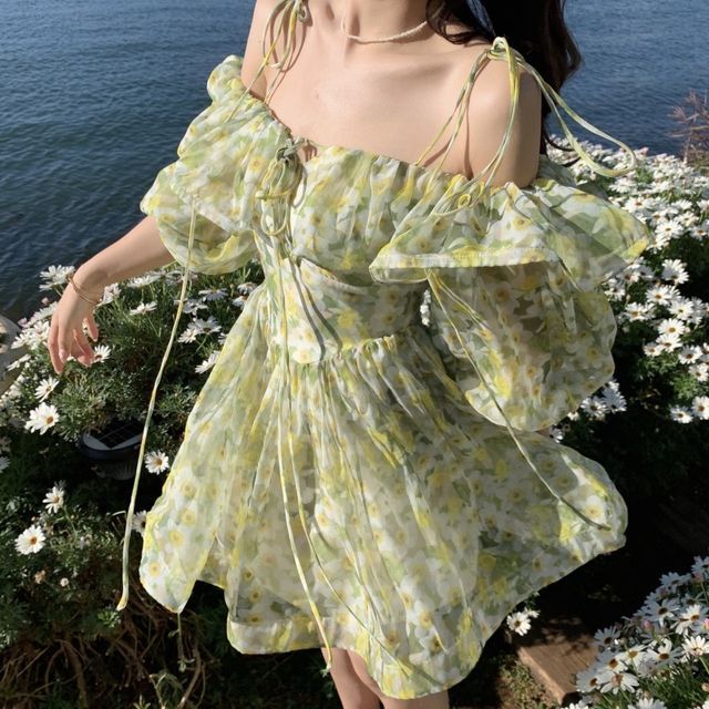 Chiffon Short Sleeve Cold Shoulder Mini Off Shoulder Floral Dresses Chiffon Short Sleeve Cold Shoulder Mini Off Shoulder Floral Dresses