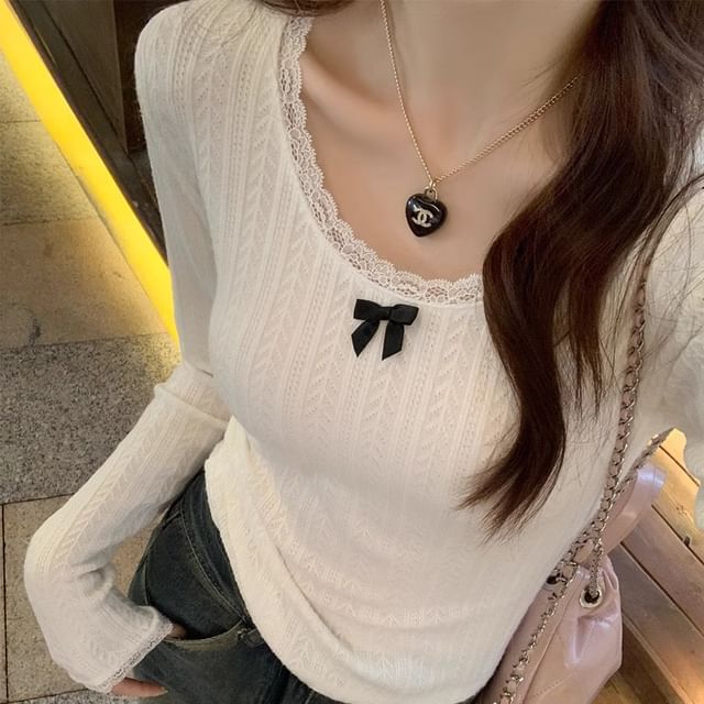 monroll-Long-Sleeve Lace Trim Plain Top