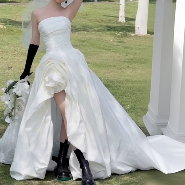 DreesHouse-Strapless Plain Ruched Trained Slit A-Line Wedding Gown