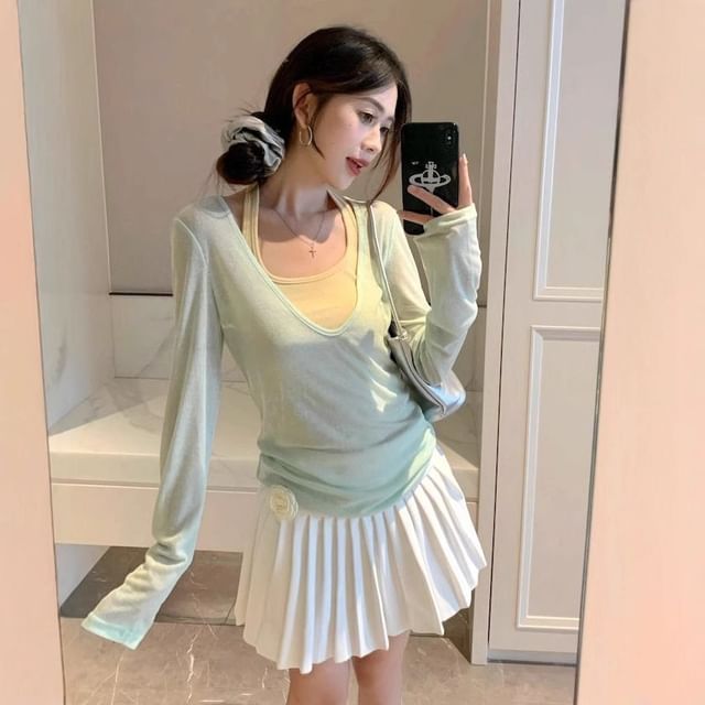 OGAWA-Long-Sleeve V-Neck Plain Top Halter Neck Top Set