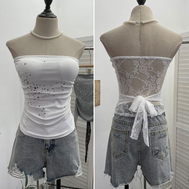 Allinya-Plain Rhinestone Panel Lace Tube Top