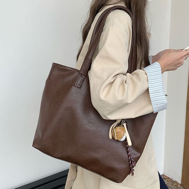 Indenis-Plain Faux Leather Tote Bag
