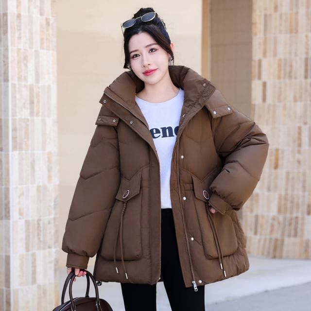 Sienne-Stand Collar Plain Hood Zip Puffer Jacket