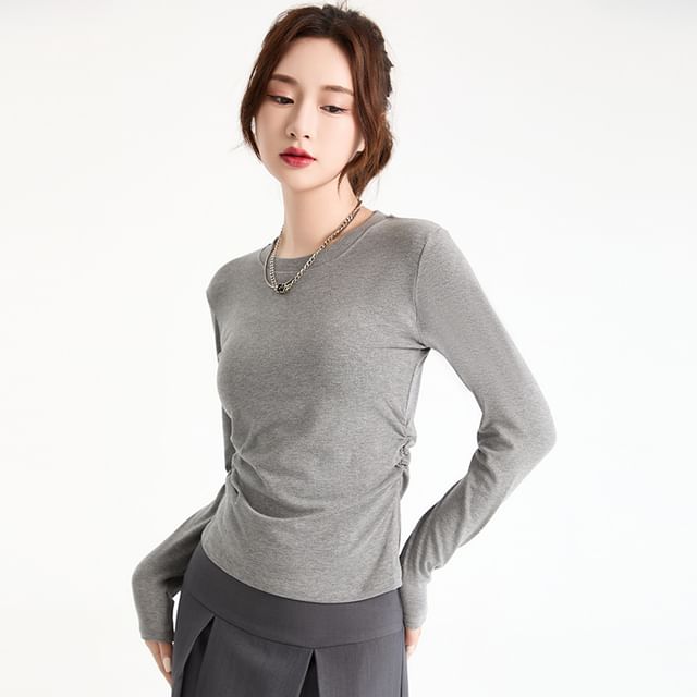 Ukiyo-Long-Sleeve Round Neck Plain Shirred Tee