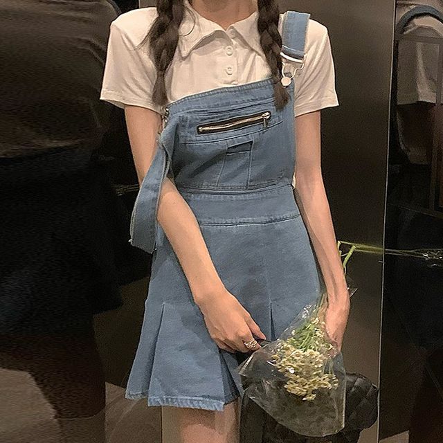 Cotre Short-Sleeve Polo Shirt Denim Mini A-Line Overall Dress