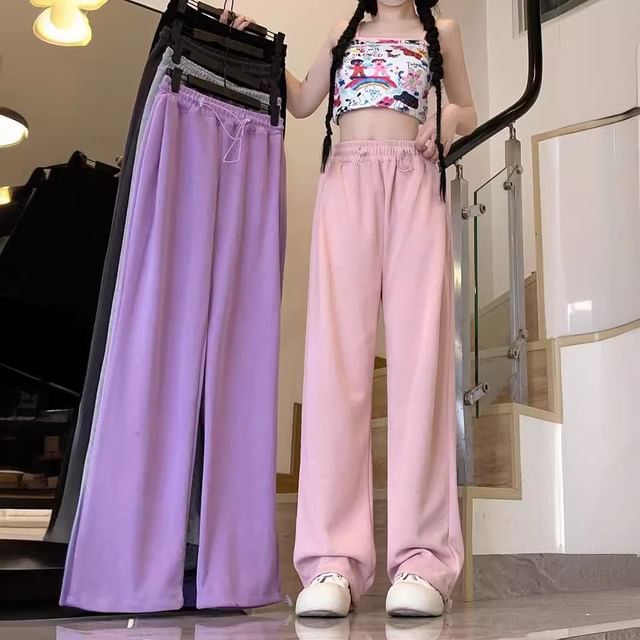 Dovitade-Drawstring Waist Plain Wide Leg Sweatpants