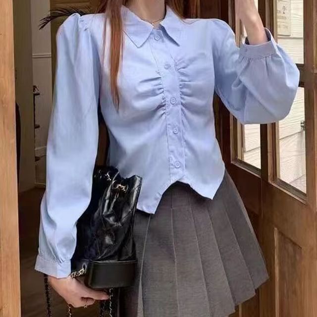 Everose-Puff-Sleeve Plain Shirred Button-Up Blouse