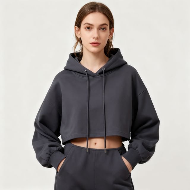 Asiris-Long Sleeve Drawstring Plain Crop Hooded Sweatshirt