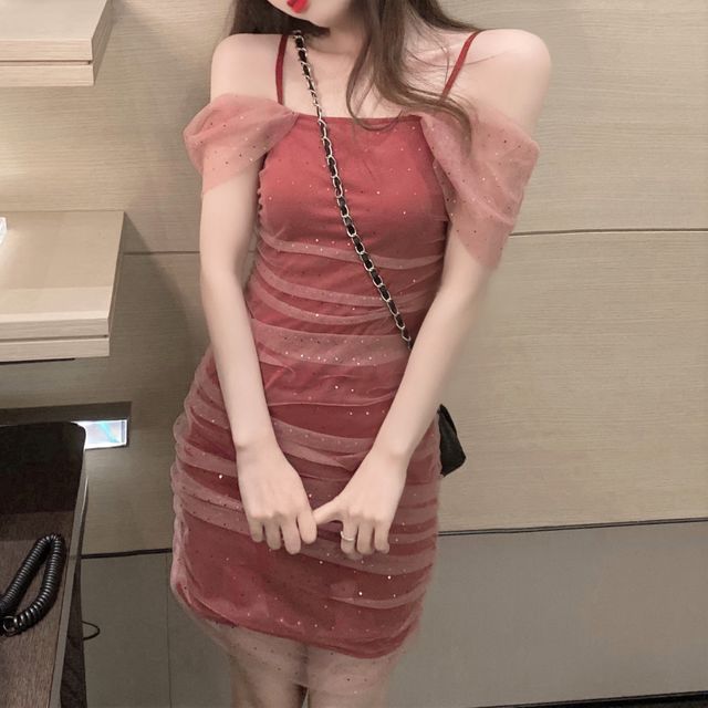 Lady Jean-Cold Shoulder Glitter Mini Sheath Dress