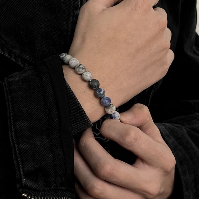 Black Degree-Faux Gemstone Bead Elastic Bracelet