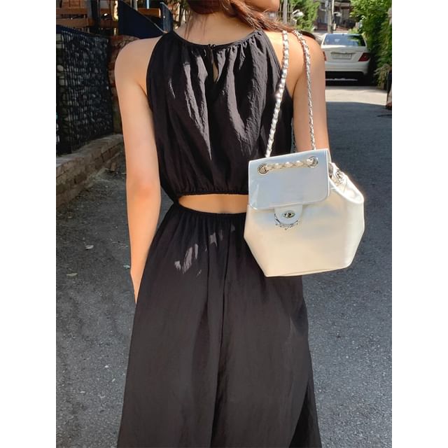 Coris-Halter Plain Cutout Midi A-Line Dress