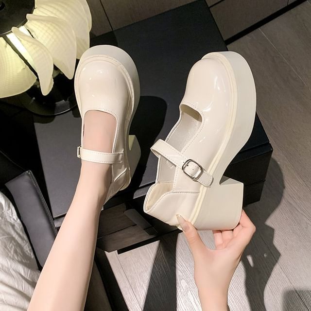 Gordong-Block Heel Platform Plain Mary Jane Pumps