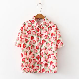PANDAGO - Short-Sleeve Strawberry Print Chiffon Shirt | YesStyle
