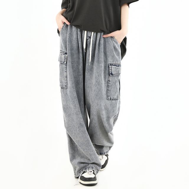 INStudio-Low Rise Washed Wide Leg Cargo Jeans