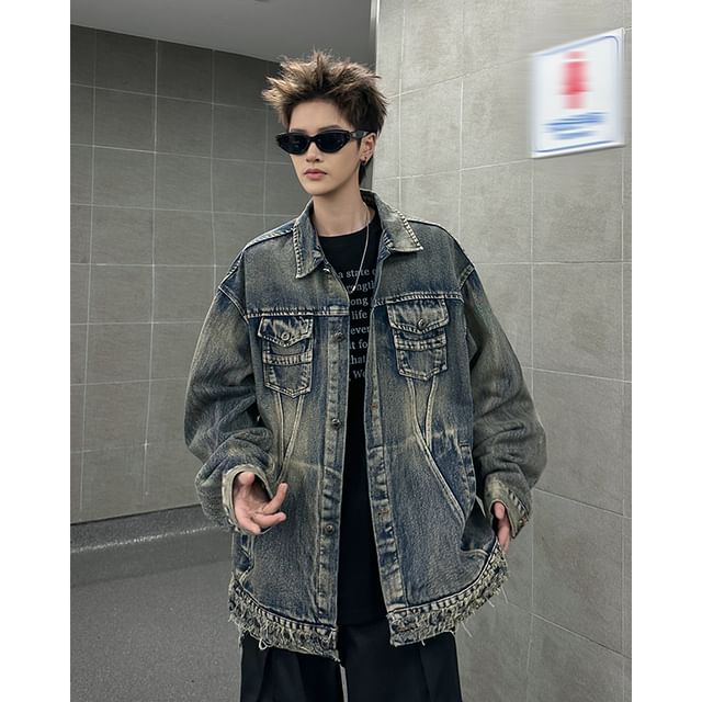 Plummie-Collared Washed Distressed Denim Oversized Button Jacket