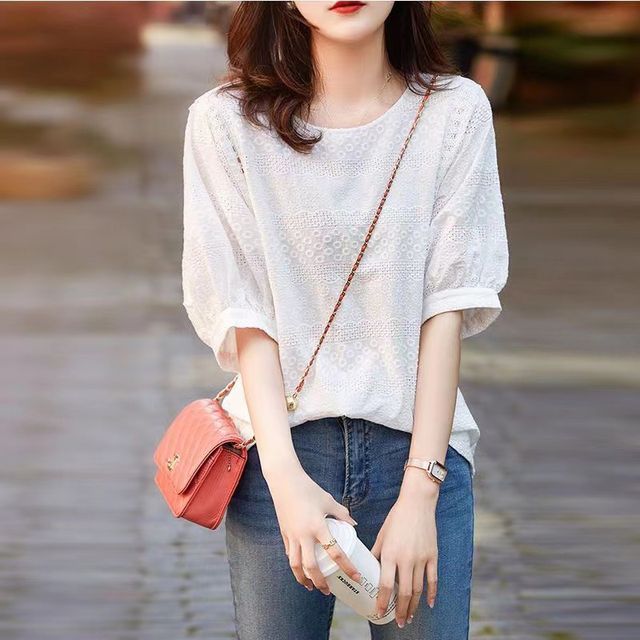 Everose-Short-Sleeve Crew Neck Plain Lace Blouse
