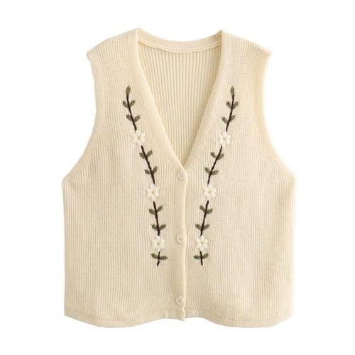 V-Neck Floral Embroidered Button Sweater Vest
