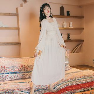 Nebbia - Lace Trim Lantern-Sleeve A-Line Maxi Dress | YesStyle