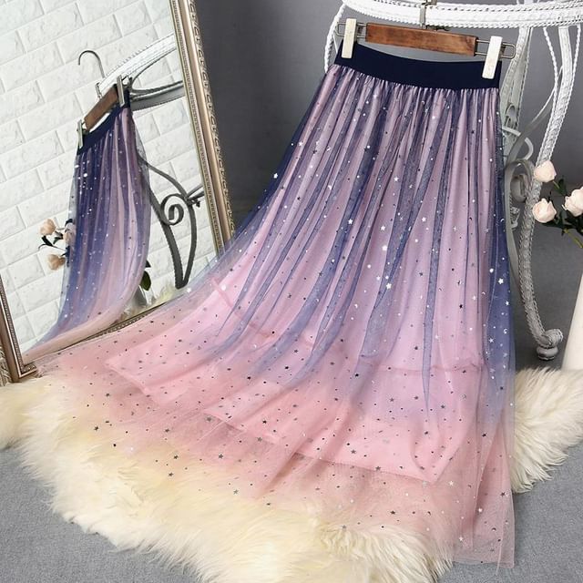 Sisyphi-High Rise Gradient Glitter Midi A-Line Skirt