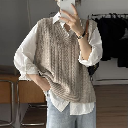 Honey River - V-Neck Cable Knit Plain Sweater Vest | YesStyle Honey River - V-Neck Cable Knit Plain Sweater Vest | YesStyle