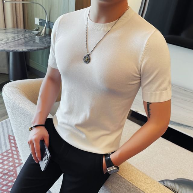 Deepwood-Short Sleeve Crew Neck Plain Knit Top