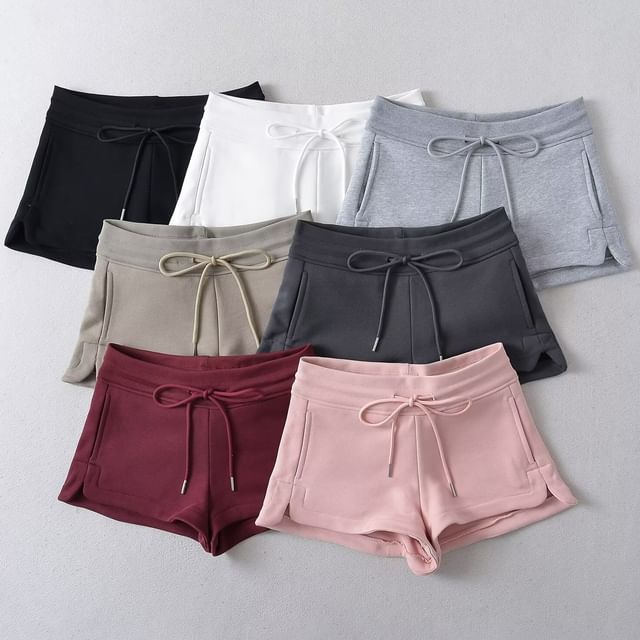 Asiris-Drawstring Waist Plain Slit Sweat Shorts
