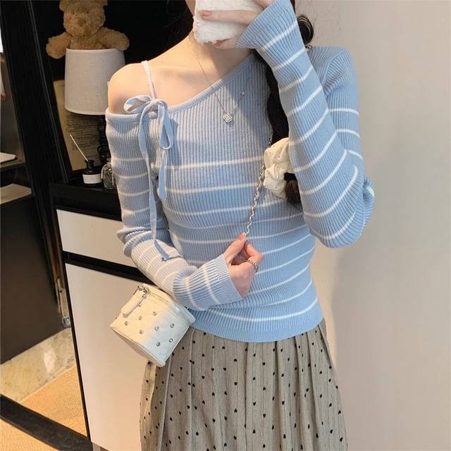 Allinya-Cold-Shoulder Striped Ribbed Sweater