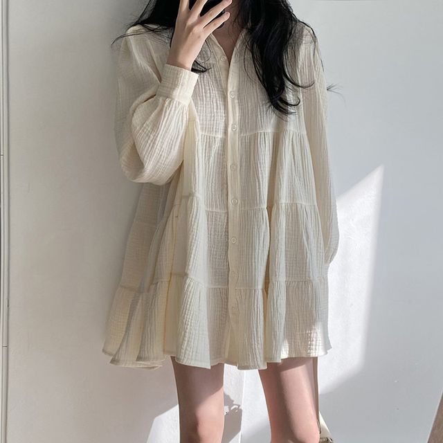 Coris-Long-Sleeve Shirred Button-Up Mini A-Line Dress