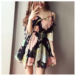 Puntino - Minivestido de chifón con estampado floral y hombros descubiertos Puntino - Minivestido de chifón con estampado floral y hombros descubiertos