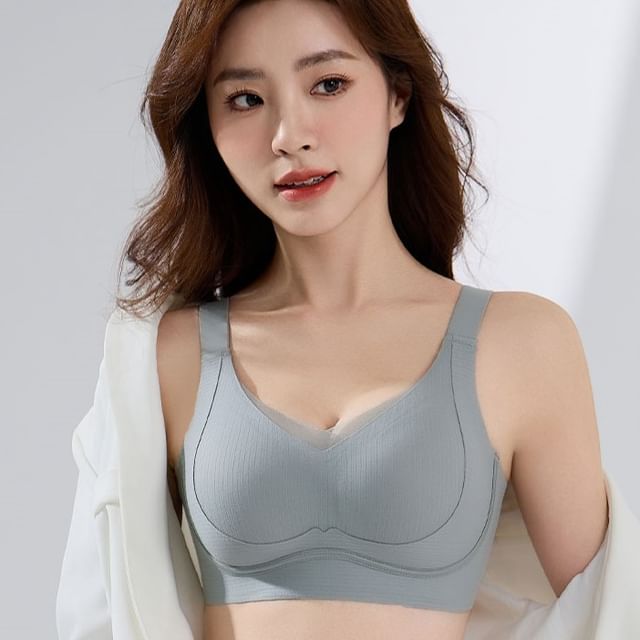 HYG Lingerie-Plain Ribbed Mesh Panel Wireless Bra