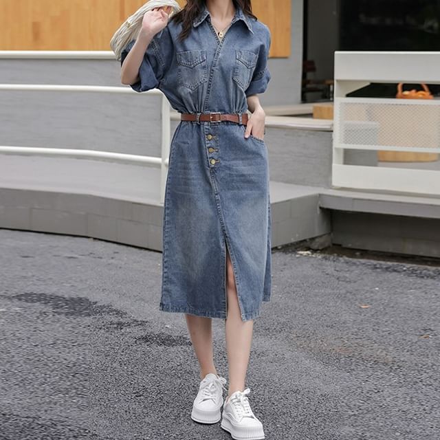 Frigga - Elbow-Sleeve Collared Washed Button Slit Midi A-Line Denim Wrap  Dress | YesStyle