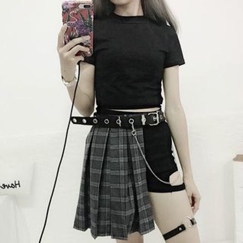Short-Sleeve Crop Top / Plaid Mini Skirt / Cutout Shorts / Chained Belt