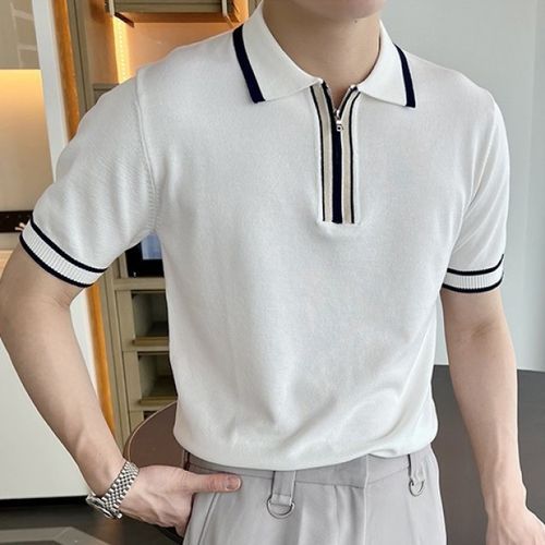 GRAYCIOUS - Short-Sleeve Contrast Trim Half-Zip Knit Polo Shirt