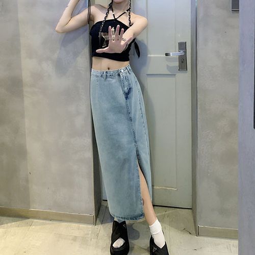 【NONCODE】caro slit denim skirt Notica - High Rise Side-Slit Denim Midi H-Line Skirt | YesStyle