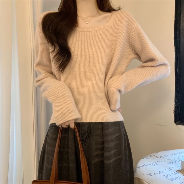 Magimomo-Square Neck Plain Sweater